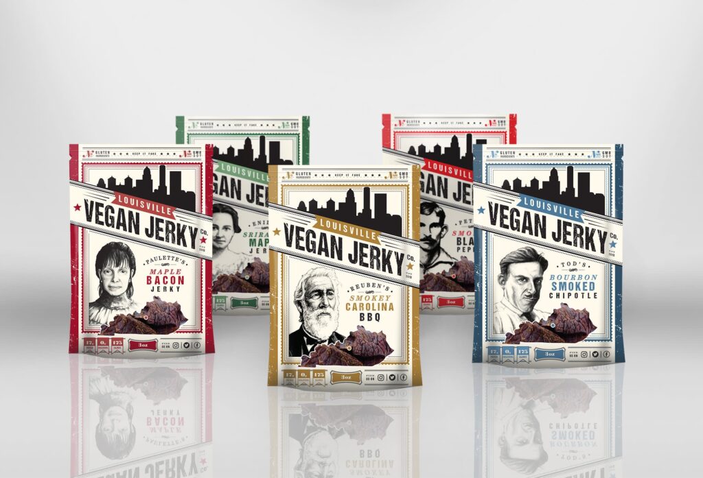 Packaging design for multiple flavors of jerky with different figureheads and colors