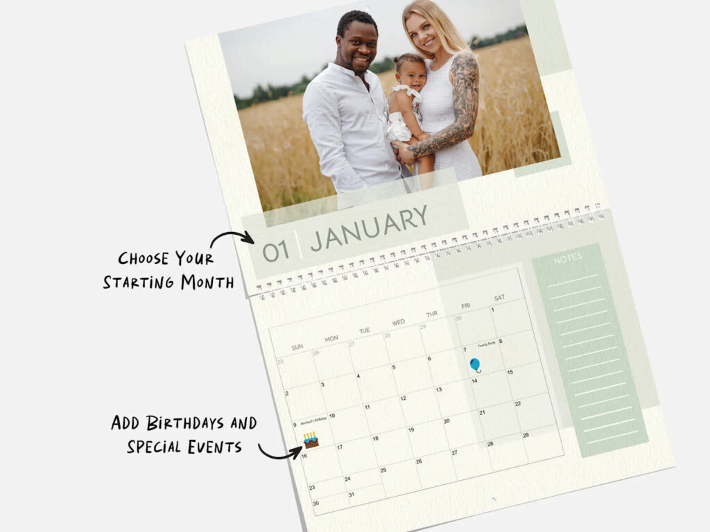 Photo calendar with special dates marked