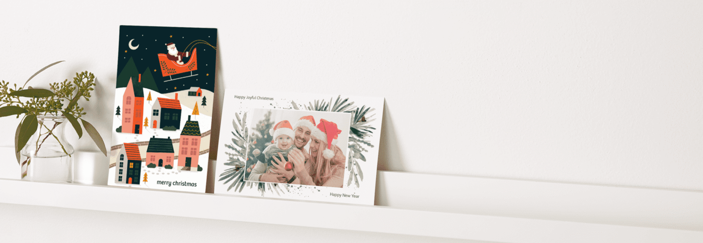 Personalized Christmas cards for the family lined up on display