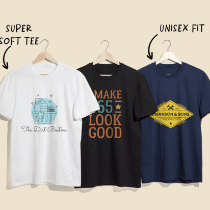 Three custom printed T-shirts on hangers with unique graphics and typography, illustrating how to print T-shirts in different styles.