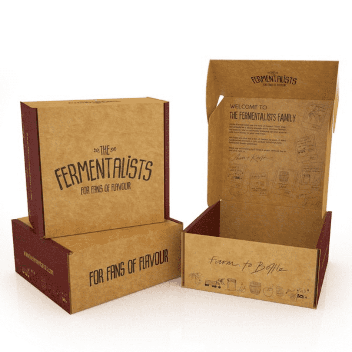 Selection of rustic looking brown recycled cardboard mailer boxes with simple organic style black font and designs