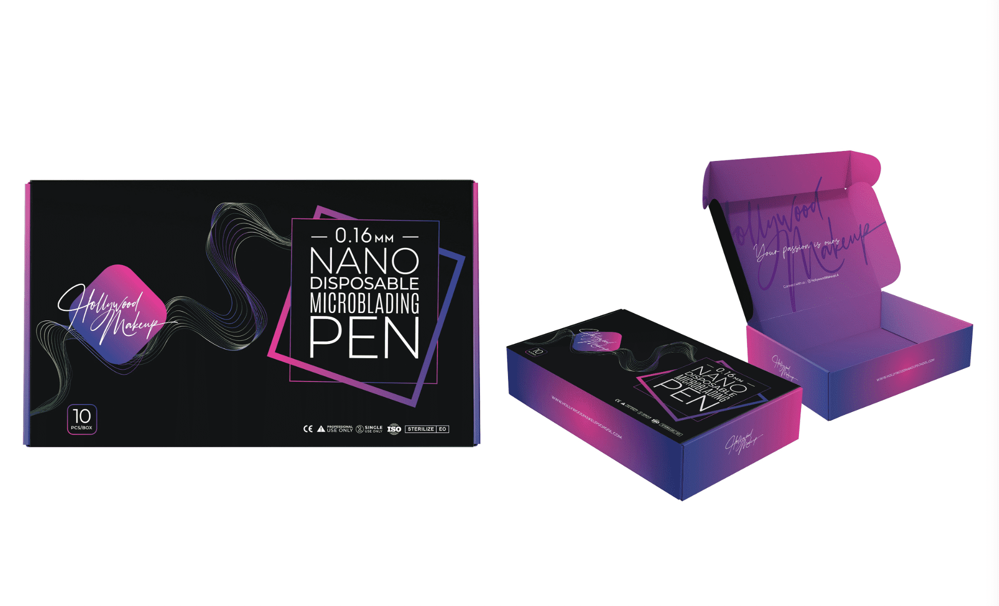Black and neon pink and purple gradient mailer box with sleek white font utilized on all outside panels and inside top flap