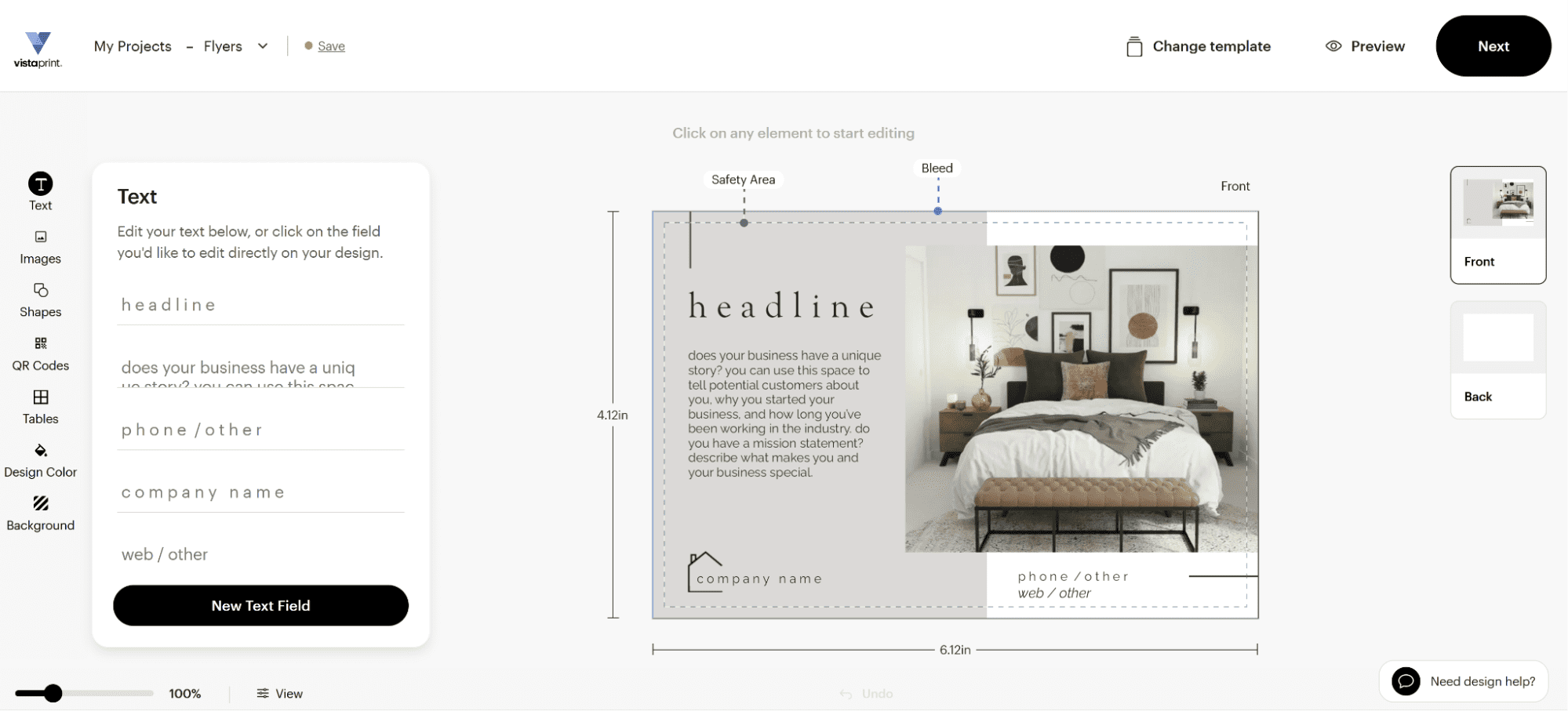VistaPrint edit template page