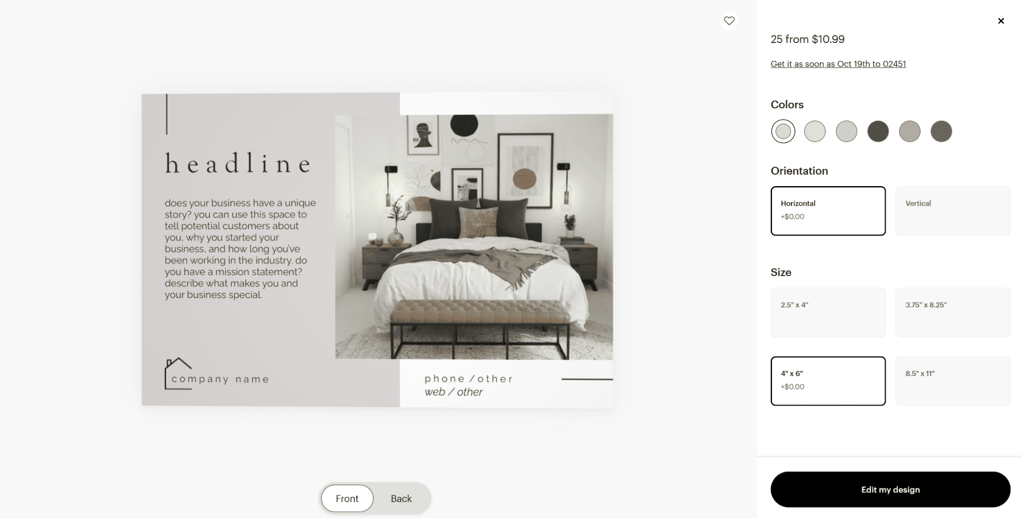 VistaPrint choose template page with a preview of a flyer on the left and options to change colour, orientation and size on the right
